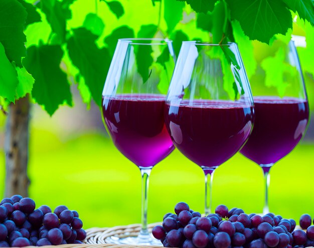 Três copos de vinho com líquido roxo ao lado de um feixe de uvas.