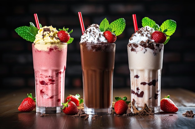 Três coquetéis de milk-shake sabores de chocolate, morango e baunilha em três copos adornados com
