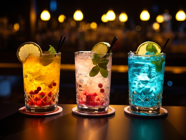 Foto três cores diferentes coquetéis de álcool no bar conceito de menu de coquetéis de festa de clube noturno