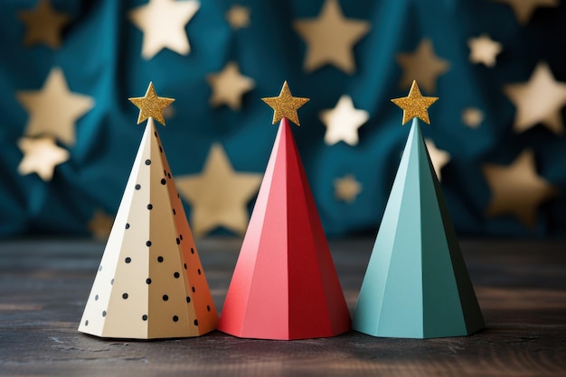 Três coroas de papel simples multicoloridas contra fundo com estrelas douradas crianças artesanato