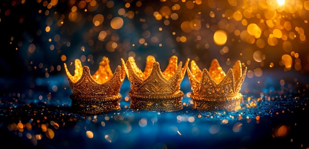Foto três coroas douradas são colocadas sobre um fundo azul