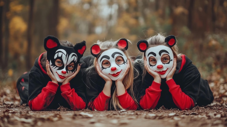 Foto três crianças com máscaras de animais brincalhões desfrutam de um dia de outono entre folhas coloridas em um cenário florestal