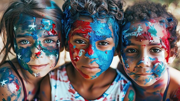 Foto três crianças com rosto pintado nas cores da bandeira americana celebrando o dia da independência