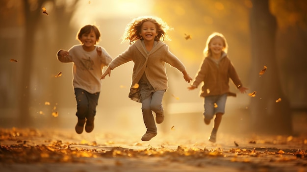 Três crianças correndo no ar com folhas voando ao redor delas