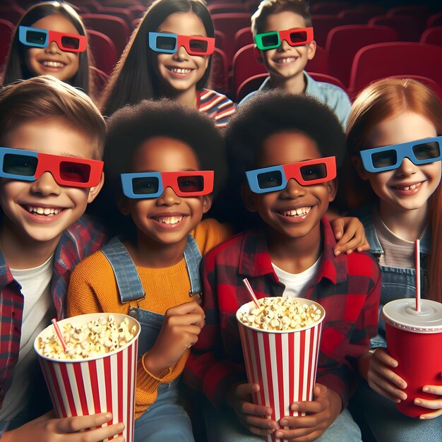 Três crianças desfrutam de uma festa de cinema com adereços um menino com um clapperboard outro com pipocas e uma garota