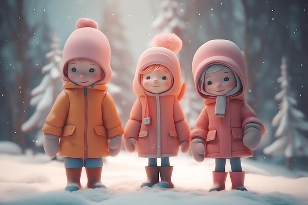 Três crianças em uma cena de neve com neve no chão
