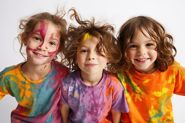 Três crianças estão sorrindo e uma está vestindo uma camisa colorida