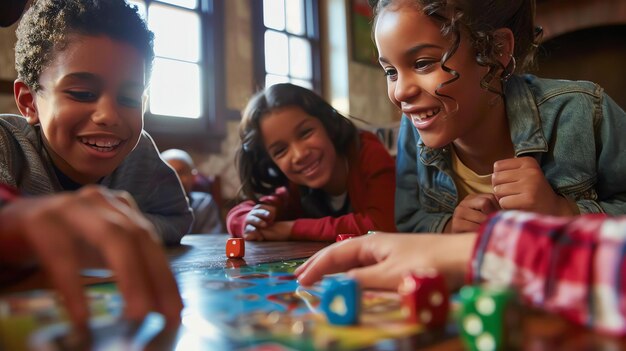 Três crianças felizes estão a jogar um jogo de tabuleiro juntas. Estão todas a sorrir e a divertir-se.