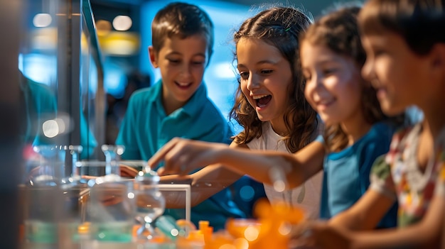 Três crianças felizes estão brincando com água em um museu de ciência. Todos estão sorrindo e parecendo entusiasmados.