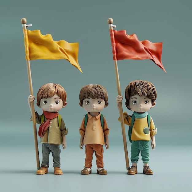 três crianças pequenas segurando bandeiras com uma delas segurando uma bandeira amarela e vermelha