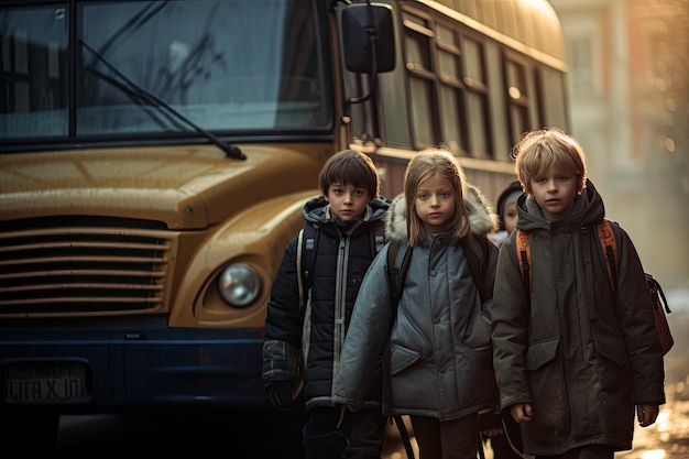 Três crianças, um menino e uma menina, ficam perto do ônibus escolar Crianças ou alunos em um fundo desfocado do ônibus AI gerado