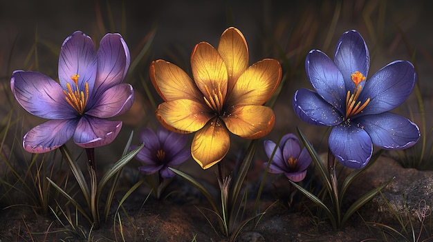 Três crocus na grama em um fundo escuro render 3D