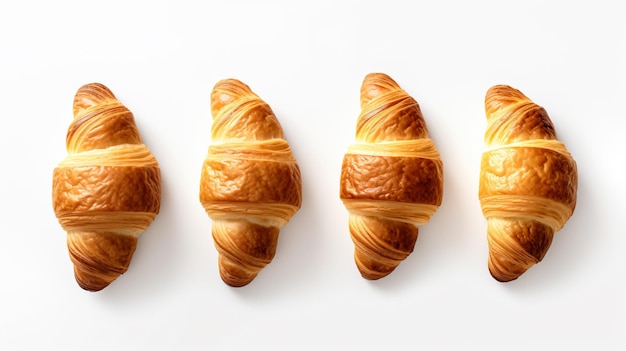 tres croissants están alineados sobre una superficie blanca