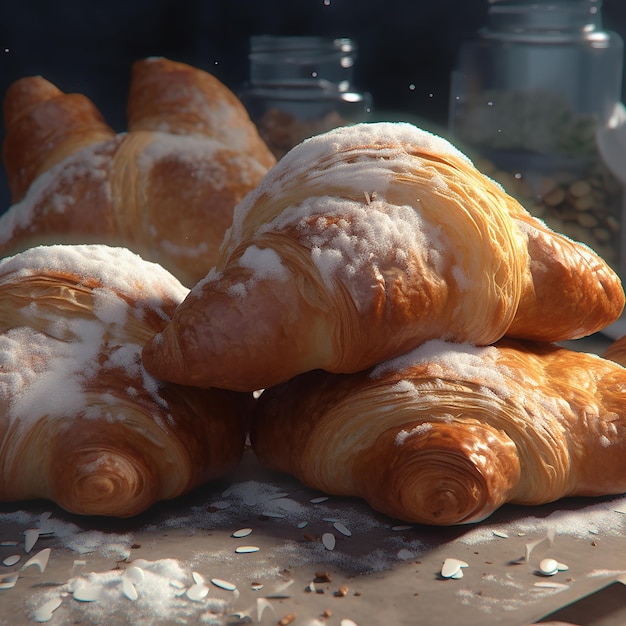 Tres croissants están apilados en una mesa con uno que tiene azúcar en polvo.