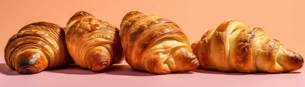 Tres croissants en una mesa con uno cortado por la mitad.