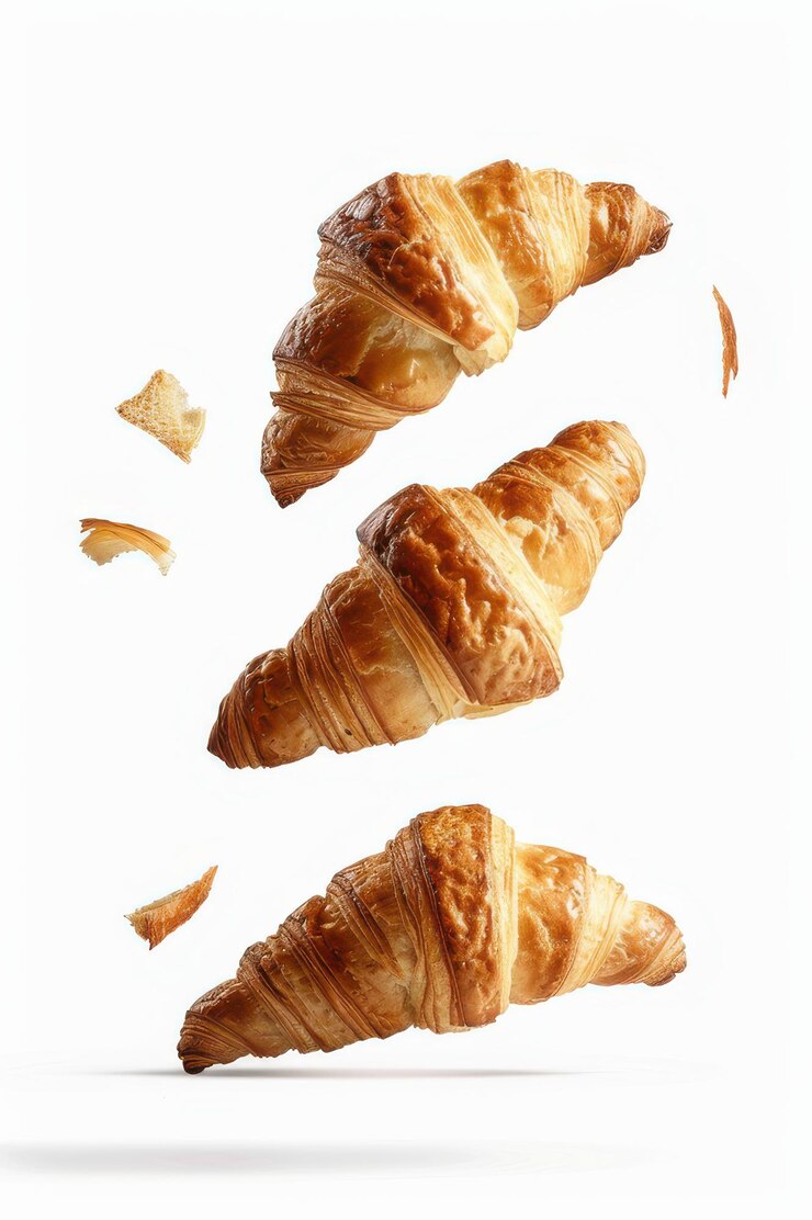 Tres croissants perfectamente horneados con capas de escamas doradas flotando sobre un fondo blanco ideales para conceptos de desayuno