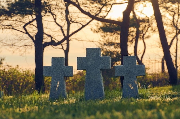 Tres cruces de piedra católica sobre la hierba verde al atardecer en el cementerio militar alemán en Europa. Monumento a los soldados muertos de la Segunda Guerra Mundial en Baltiysk, óblast de Kaliningrado, Rusia