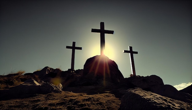 Três cruz na montanha com luz do sol crença fé e espiritualidade e ressurreição de Jesus Cristo na Páscoa