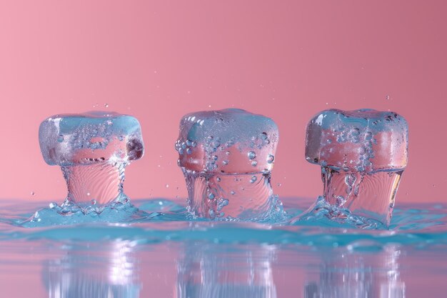 Tres cubos de hielo flotando en el agua con un fondo rosa