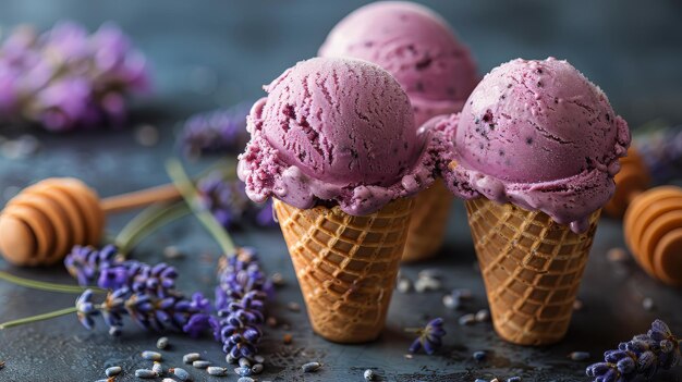 Foto tres cucharadas de helado en un cono de waffle