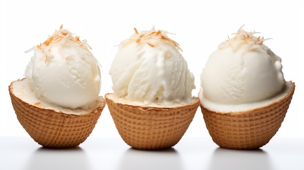 Tres cucharas de helado de coco tropical exhibidas en un primer plano foto realista contra un fondo blanco IA generativa