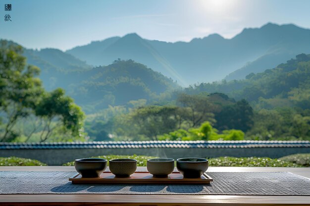 Tres cuencos en una bandeja en una mesa con una vista de montañas y árboles en el fondo con un té