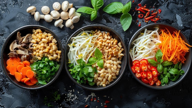 Tres cuencos llenos de una variedad de verduras