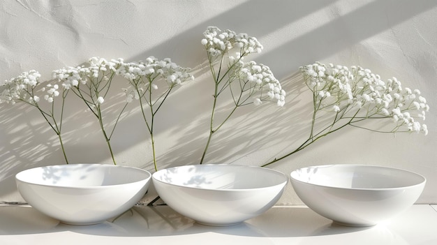 Tres cuencos de plata con flores de aliento de bebés en una mesa de material natural