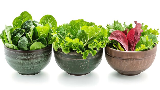 Tres cuencos de verduras de ensalada frescas sobre un fondo blanco Los cuencos están hechos de cerámica y son verde, marrón y blanco