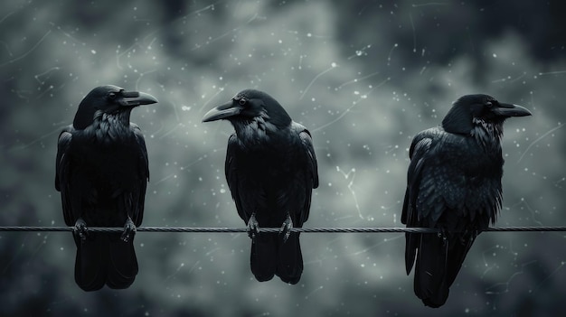 Tres cuervos en un alambre una imagen misteriosa que simboliza la sabiduría el espiritismo y la profecía en la observación de aves