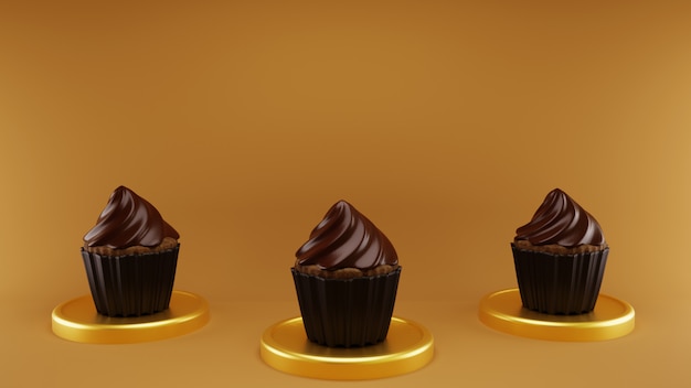 tres cupcakes de brownie chocholate con monedas de oro en marrón