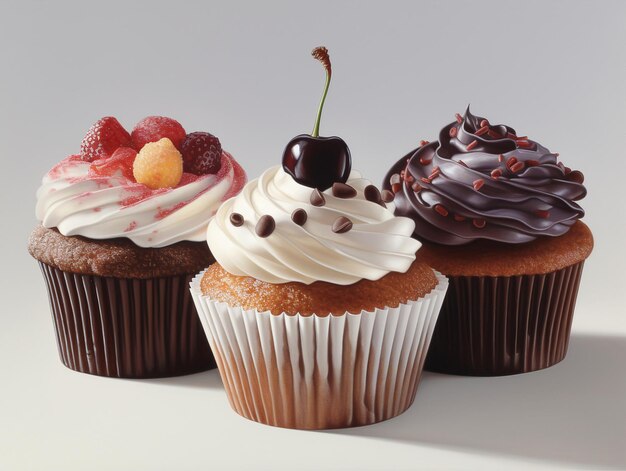 Três cupcakes com sabores diferentes e um com cereja no topo.