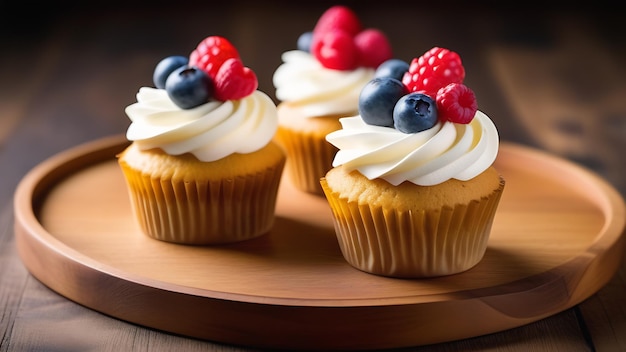 Três cupcakes de bagas em um prato de madeira Belos muffins clássicos com nata batida Conceito de aniversário trata doces