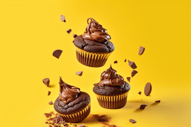 Três cupcakes de chocolate com cobertura de chocolate e gotas de chocolate ao fundo.