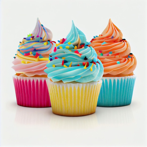 Tres cupcakes con diferentes colores y uno tiene un glaseado azul y rosa.