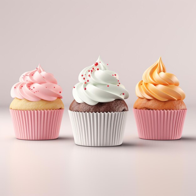 tres cupcakes con glaseado de diferentes colores en una superficie blanca generativa ai