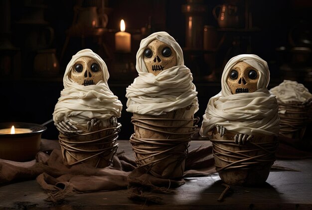 Foto tres cupcakes de papel blanco momia en una superficie de madera en el estilo de ojos brillantes comida de halloween