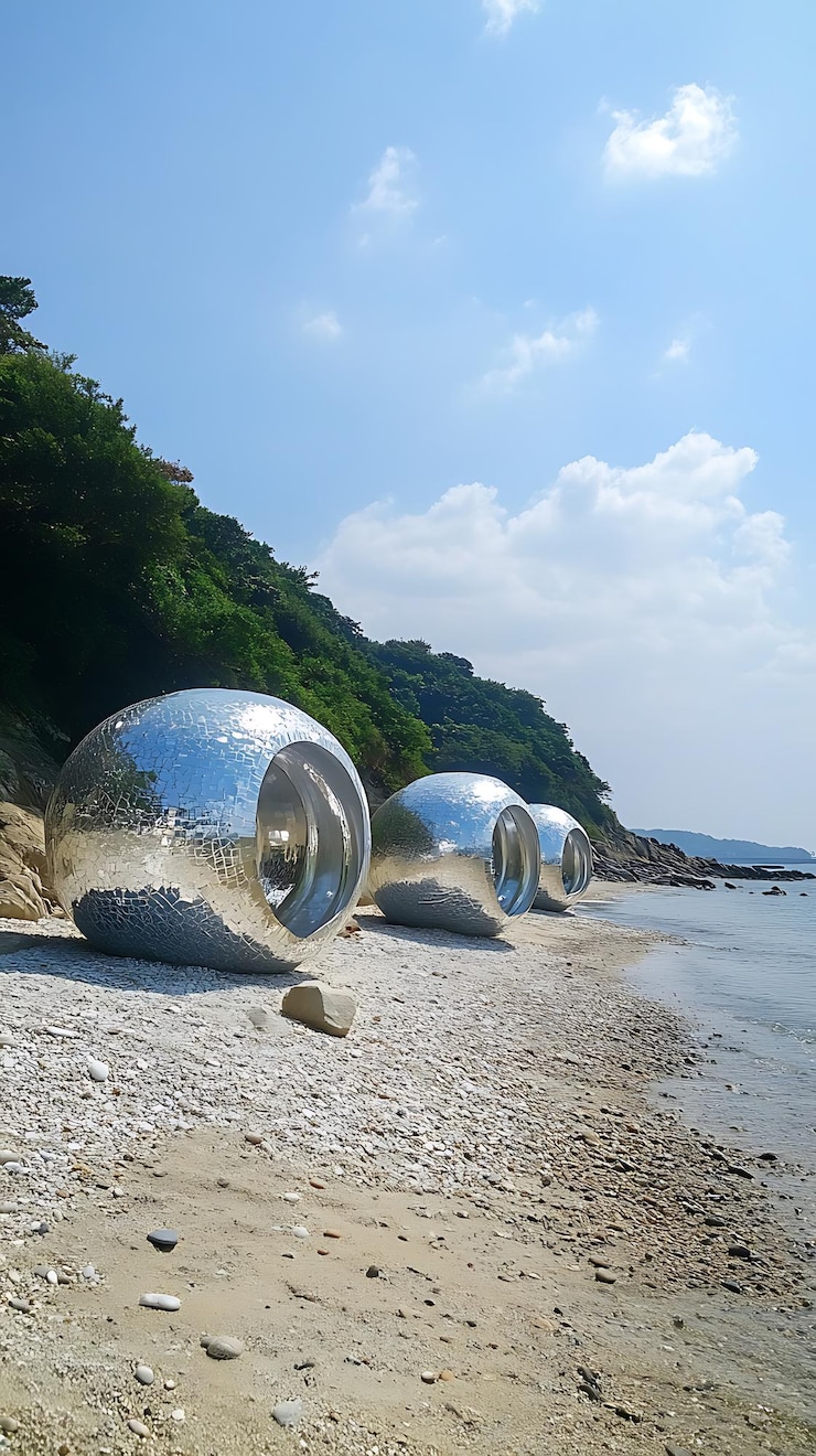 Foto três cúpulas de prata numa praia de seixos
