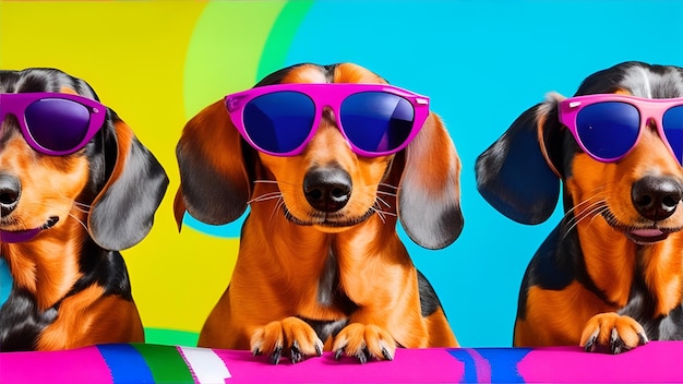 Foto três dachshunds usando óculos escuros coloridos generate ai