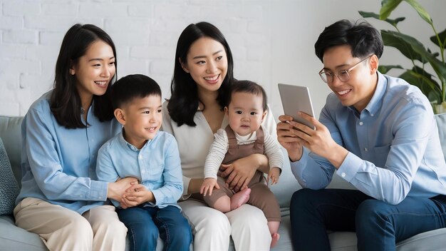 Tres damas asiáticas con un niño y un bebé sentados en el sofá y un hombre tomando fotos en la tableta