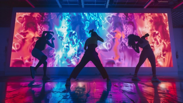 Foto três dançarinos profissionais executando uma rotina de dança hip hop na frente de uma grande tela led com animação vfx durante uma produção virtual em um ambiente de estúdio a canção tem uma batida de 105 batidas
