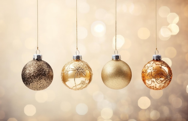 Três decorações de Natal penduradas em um fundo dourado