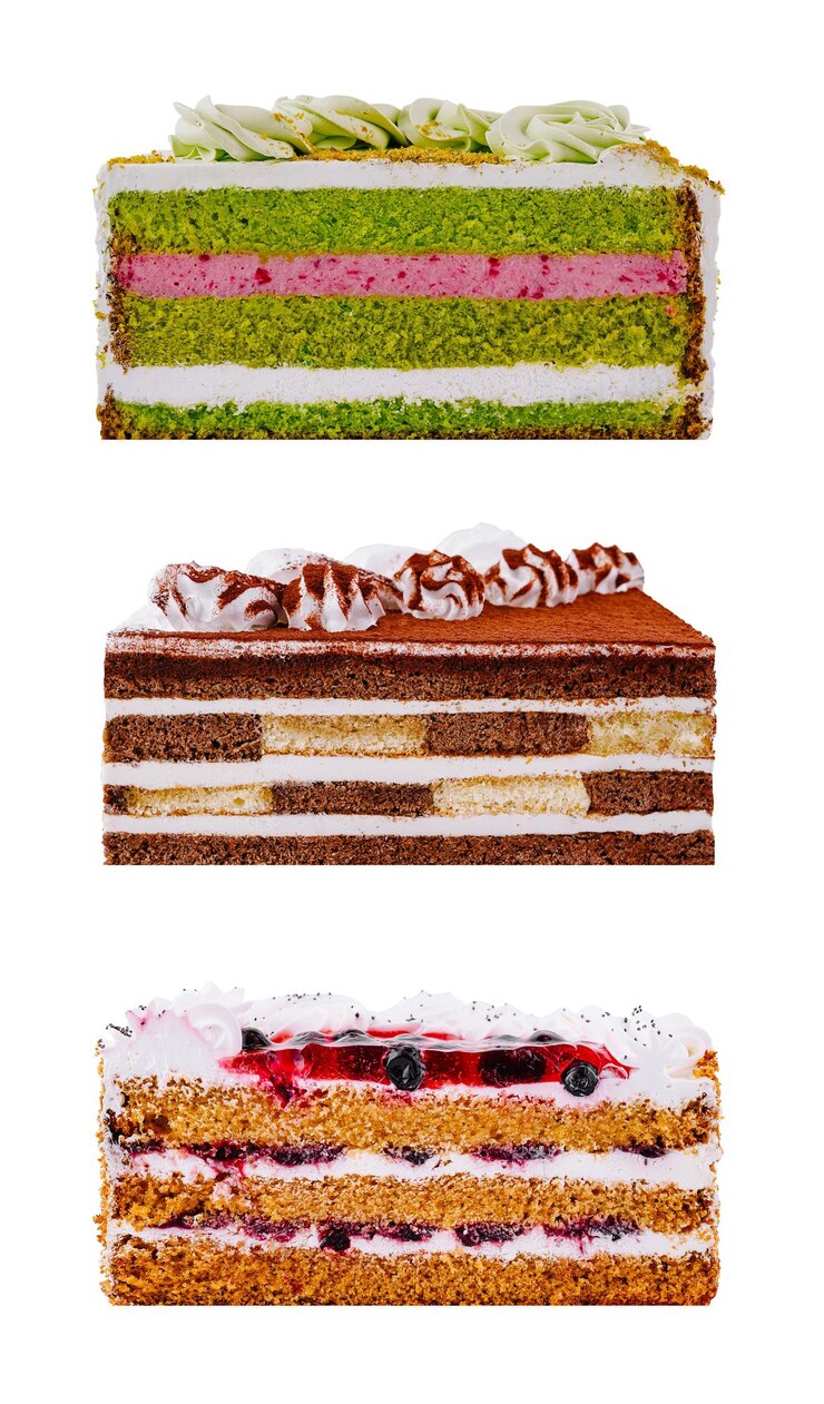 Tres deliciosas rebanadas de pastel en capas con varios ingredientes