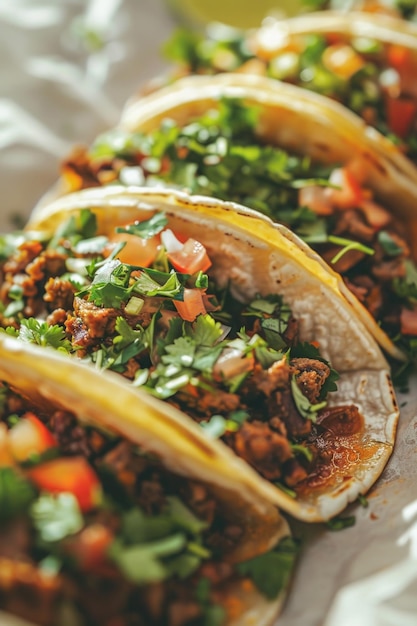 Foto tres deliciosos tacos en un plato blanco perfectos para conceptos de comida