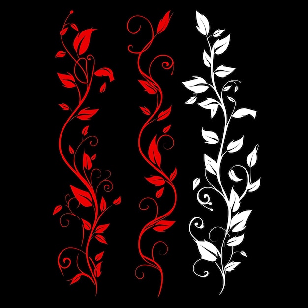 três desenhos diferentes de plantas com vermelho e preto