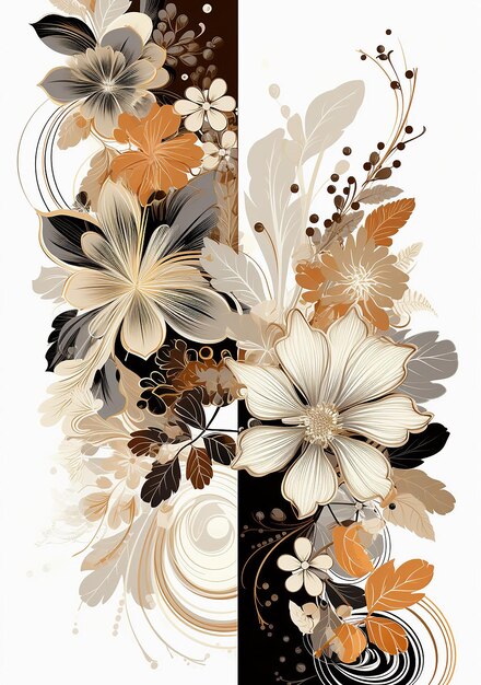 três desenhos florais abstratos vetoriais em preto, branco e marrom