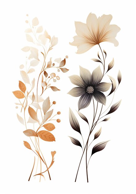 três desenhos florais abstratos vetoriais em preto, branco e marrom