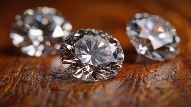 Tres diamantes en una mesa de madera