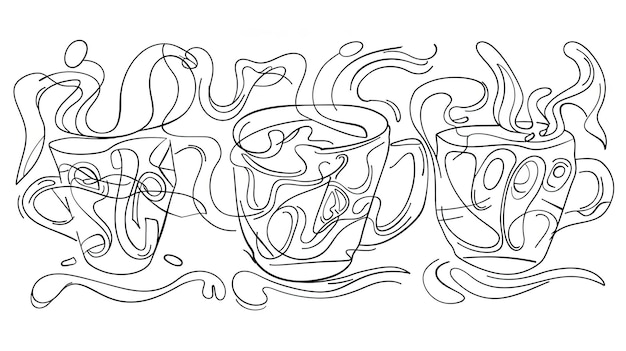 Tres dibujos estilizados de tazas de café al vapor