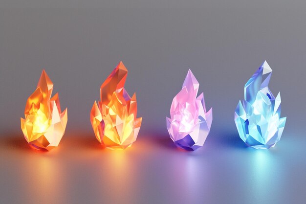 tres diferentes esculturas de papel de colores de fuego y hielo en una mesa generativa ai